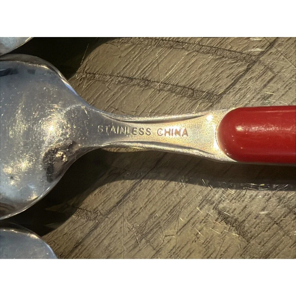 Vintage Stainless steele Flatware spoon fork knife RED HANDLES set retro
